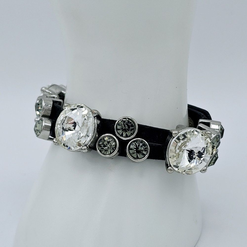 Guang Tong Crystal Stud Wrap Bracelet Cuff Glass Rhinestone Black Leather